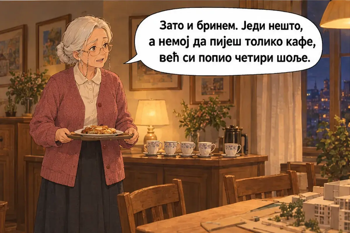 Кадр 3 из 14 к тексту «Расслабься и держись»: «Потому и волнуюсь. Ешь что-нибудь, а не пей столько кофе: ты уже выпил четыре чашки.»