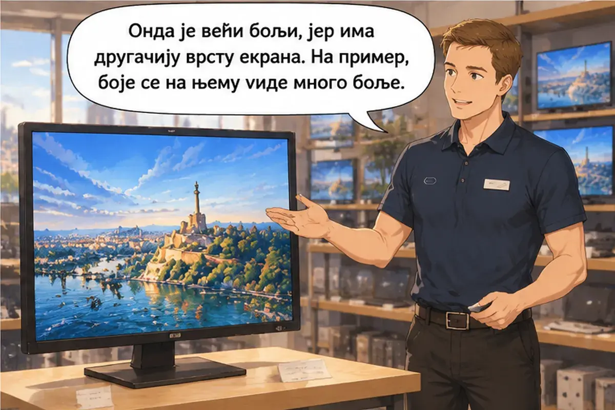 Кадр 8 из 15 к тексту «Этот монитор больше, но и дороже»: «Тогда большая лучше, потому что у неё другой тип экрана. Например, цвета на ней видны намного лучше.»