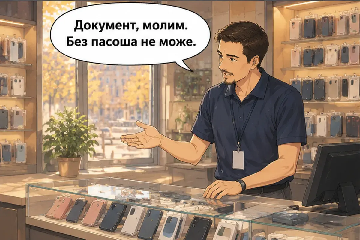 Кадр 3 из 15 к тексту «Мне нужна сим-карта.»: «Документ, пожалуйста. Без паспорта нельзя.»