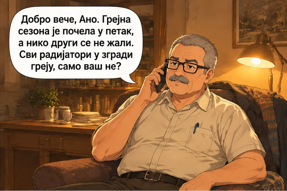 Кадр 2 из 13 к тексту «Я звонила вам и вчера»: «Добрый вечер, Аня. Отопительный сезон начался в пятницу, и больше никто не жалуется. Все батареи в доме греют, только ваша нет?»