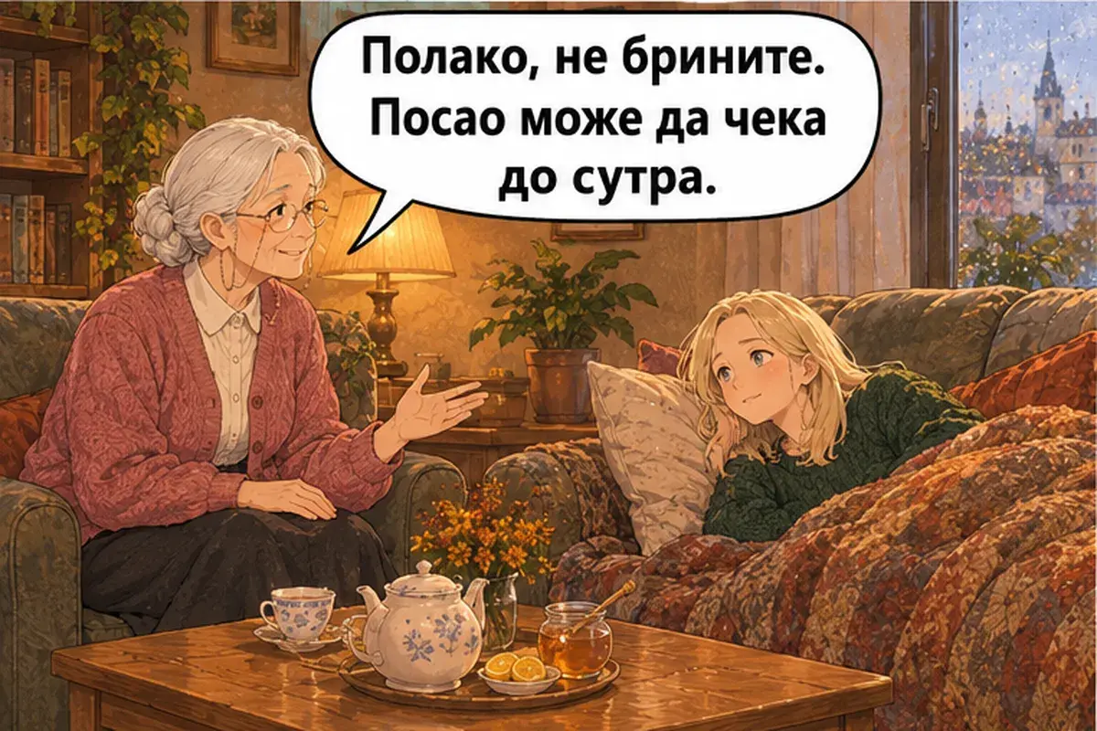Кадр 7 из 13 к тексту «Спокойно, не волнуйтесь»: «Спокойно, не волнуйтесь. Работа может подождать до завтра.»