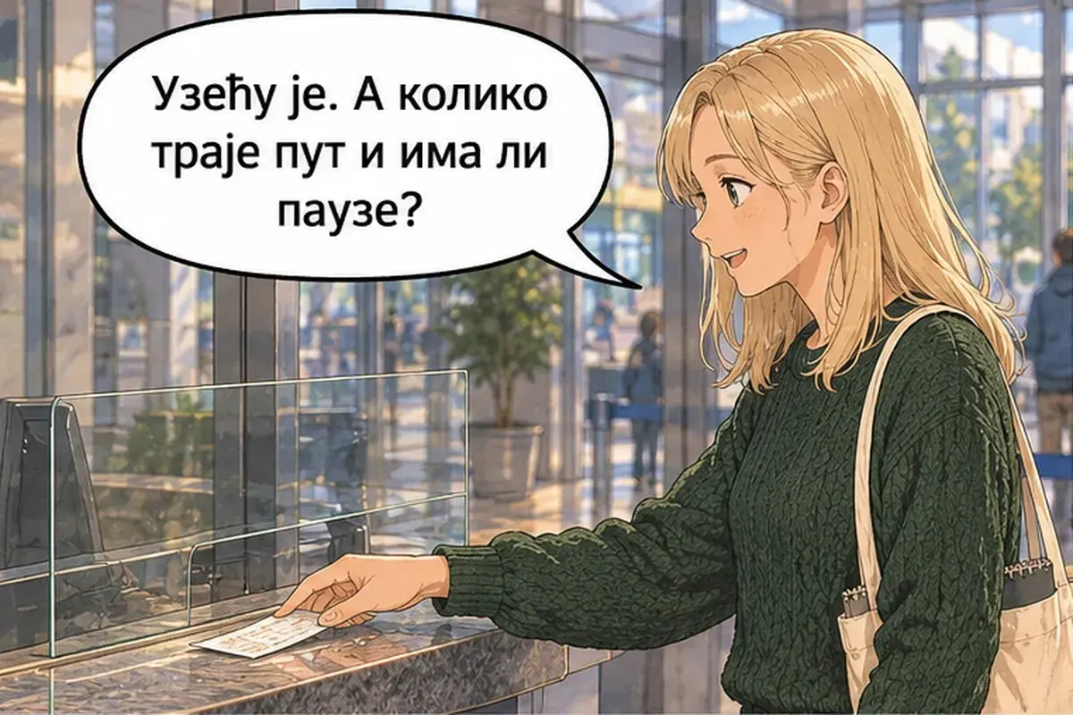 Кадр 5 из 16 к тексту «Один билет до Ниша на сегодня после обеда»: «Беру. А сколько длится дорога и будет ли остановка?»