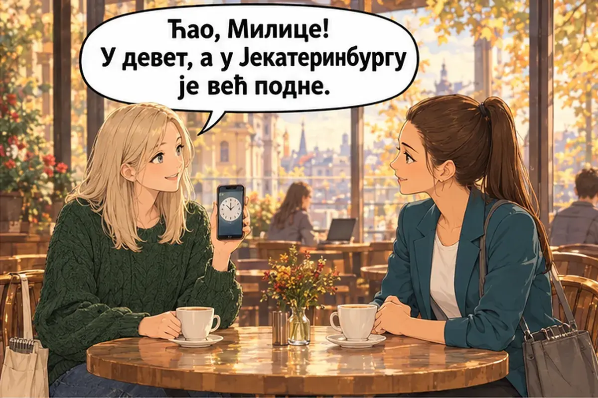Кадр 2 из 14 к тексту «Когда ты начинаешь работать?»: «Привет, Милица! В девять, а в Екатеринбурге уже полдень.»