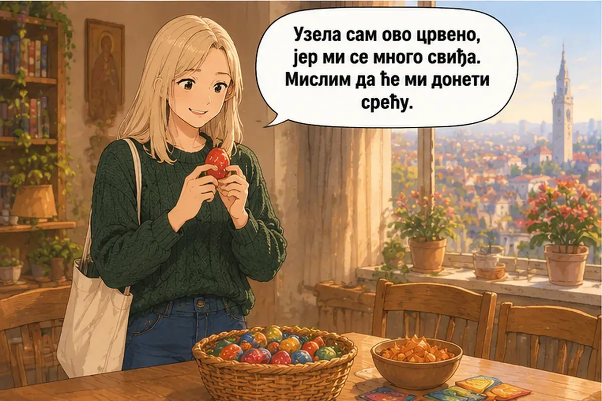 Кадр 7 из 13 к тексту «Чьё это яйцо?»: «Я взяла вот это красное, потому что оно мне очень нравится. Думаю, оно принесёт мне удачу.»