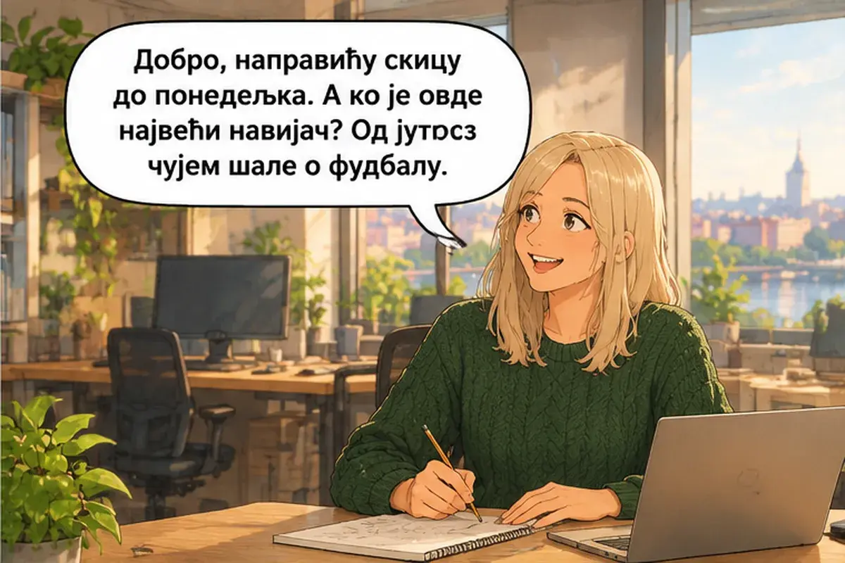 Кадр 10 из 12 к тексту «Тестировщик, с которым ты будешь работать, сидит у окна»: «Хорошо, я сделаю набросок к понедельнику. А кто здесь самый большой болельщик? С утра слышу шутки про футбол.»