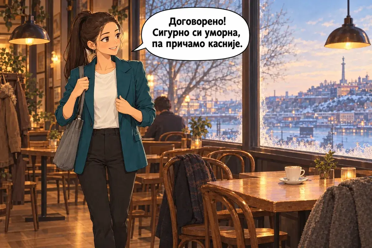 Кадр 7 из 7 к тексту «Я приехала два часа назад»: «Договорились! Ты наверняка устала, так что поговорим позже.»