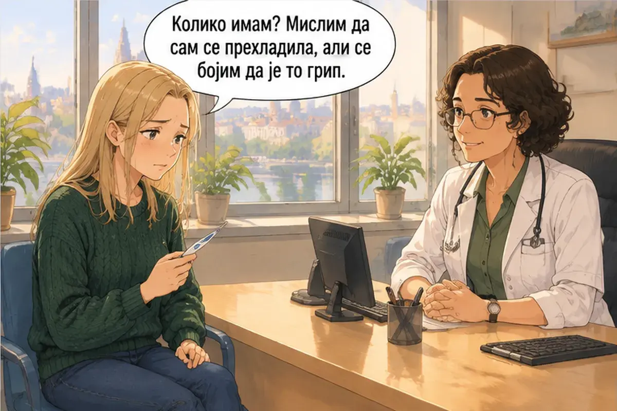 Кадр 12 из 16 к тексту «Скажите, кто ваш выбранный врач»: «Сколько у меня? Я думаю, что простудилась, но боюсь, что это грипп.»