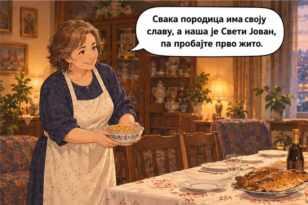 Кадр 8 из 15 к тексту «С праздником славы, хозяин!»: «У каждой семьи своя слава, а наша — Святой Йован, так что сначала попробуйте жито.»