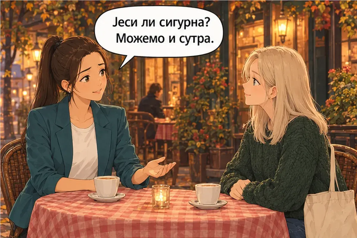 Кадр 8 из 12 к тексту «Хочешь пойти сегодня вечером в кафану?»: «Ты уверена? Можем и завтра.»