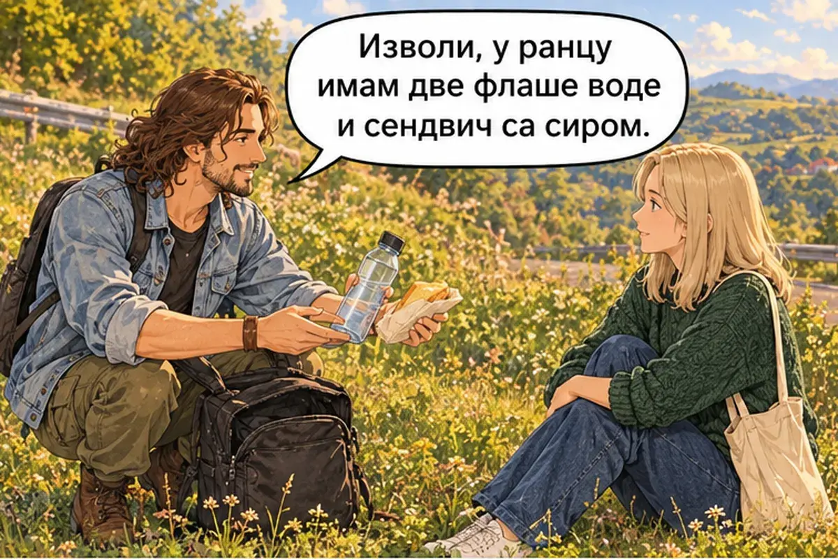Кадр 5 из 16 к тексту «Ещё немного в гору, а потом всё под гору»: «Пожалуйста, в рюкзаке у меня две бутылки воды и сэндвич с сыром.»