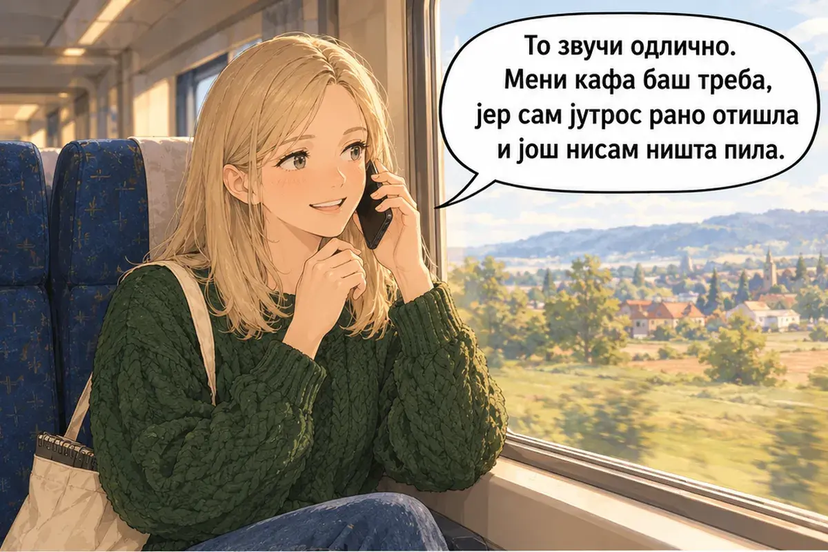 Кадр 13 из 15 к тексту «Когда приеду, где мне тебя ждать?»: «Звучит отлично. Мне как раз нужен кофе, потому что я сегодня рано вышла из дома и ещё ничего не пила.»