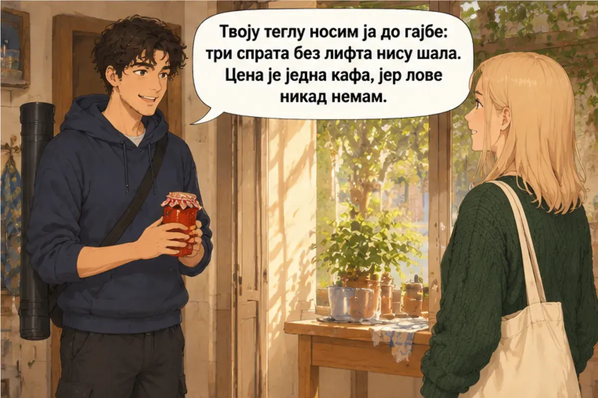Кадр 12 из 13 к тексту «Айвар не делают на скорую руку»: «Твою банку до твоей хаты несу я: три этажа без лифта — не шутка. Цена — один кофе, потому что денег у меня никогда нет.»