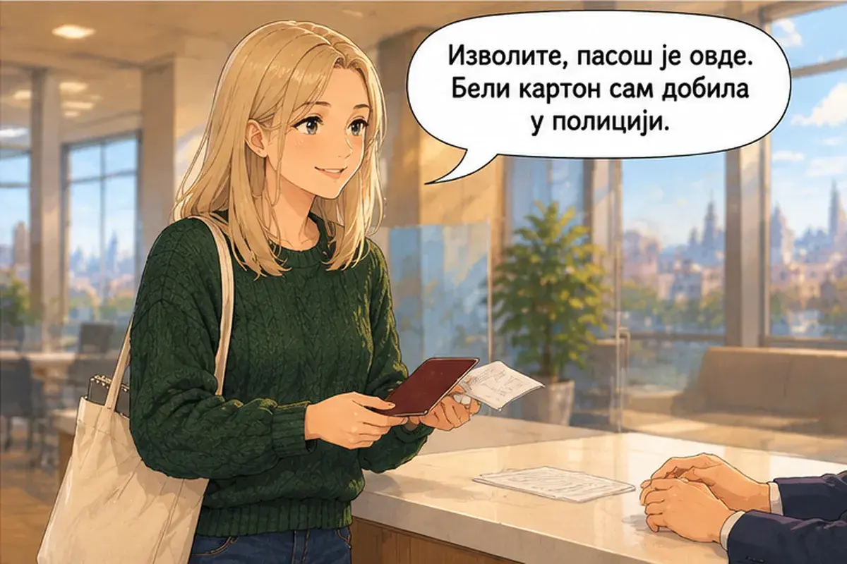 Кадр 4 из 13 к тексту «Я хотела бы открыть счёт.»: «Пожалуйста, паспорт здесь. Белый картон я получила в полиции.»