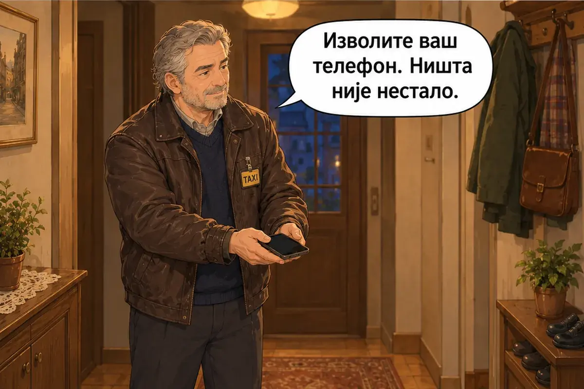 Кадр 14 из 15 к тексту «Ваш телефон у меня»: «Пожалуйста, вот ваш телефон. Ничего не пропало.»