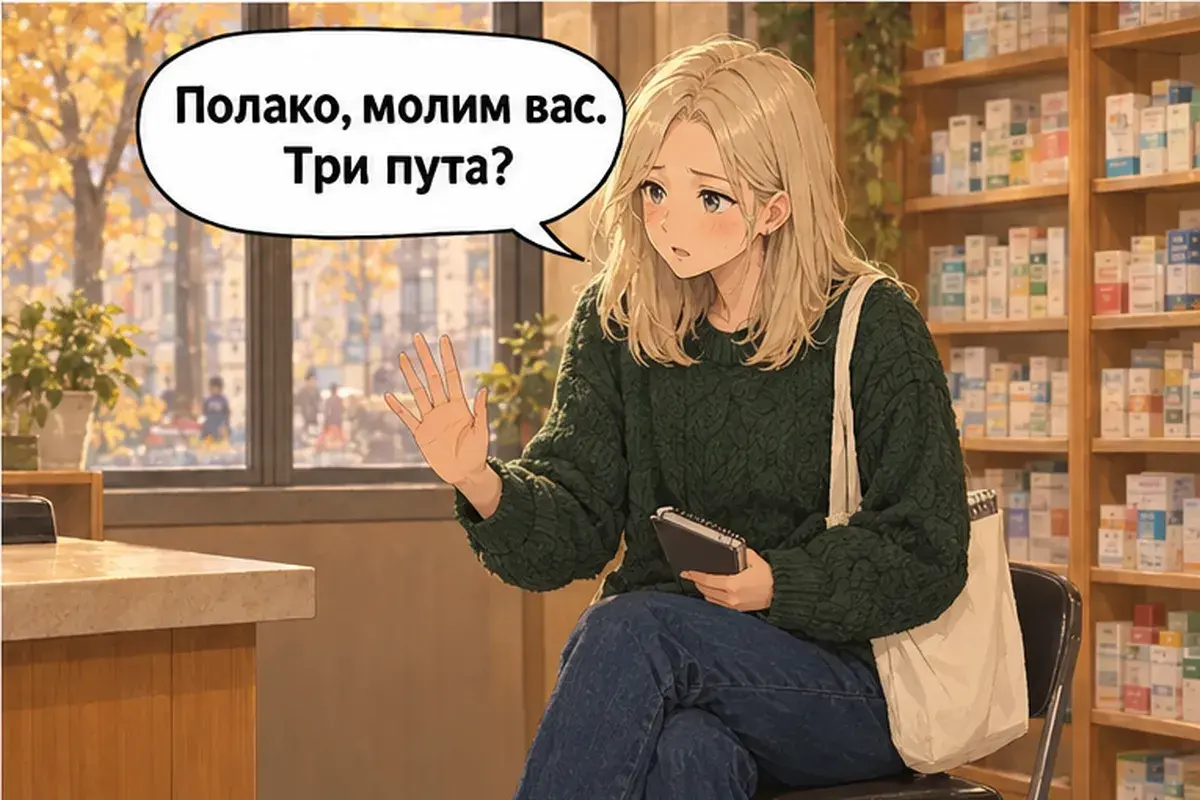 Кадр 8 из 16 к тексту «У меня болит горло»: «Помедленнее, пожалуйста. Три раза?»