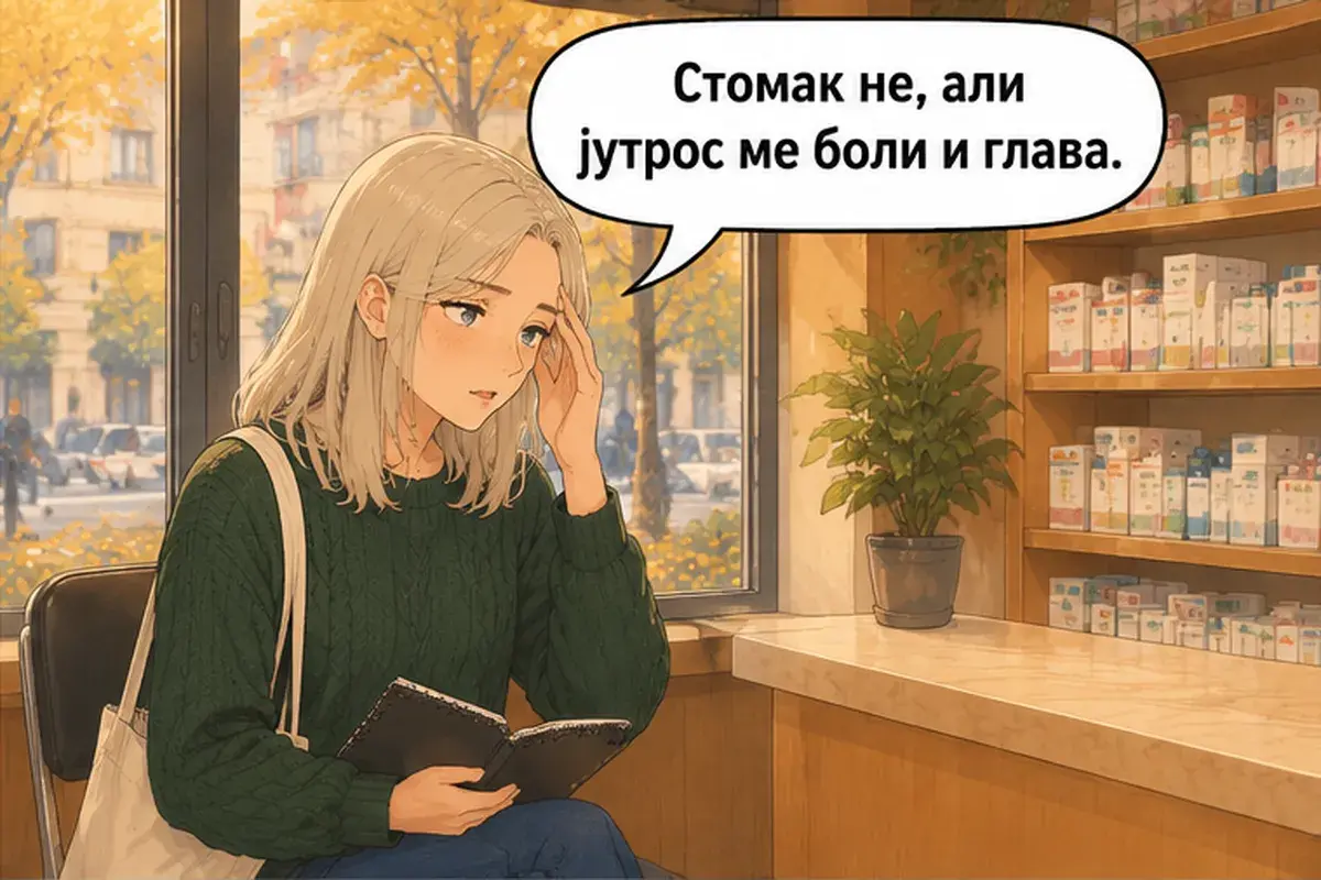 Кадр 6 из 16 к тексту «У меня болит горло»: «Живот нет, но с утра у меня болит ещё и голова.»