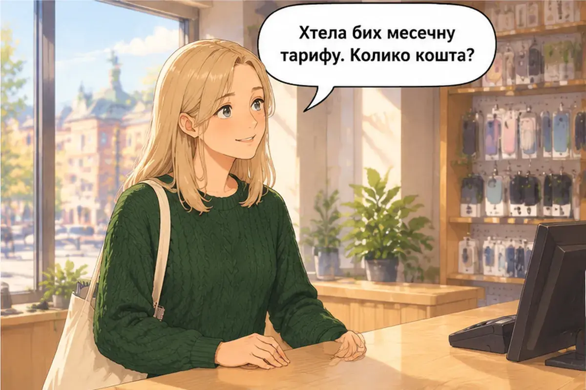 Кадр 4 из 15 к тексту «Мне нужен сербский номер.»: «Я хотела бы месячный тариф. Сколько он стоит?»