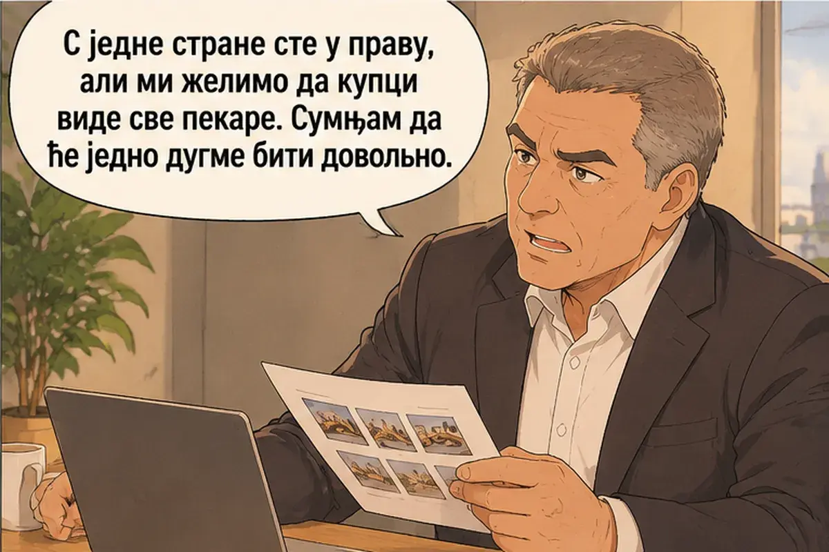Кадр 4 из 15 к тексту «Покупатель хочет заказать бурек в три шага»: «С одной стороны, вы правы, но мы хотим, чтобы покупатели видели все пекарни. Я сомневаюсь, что одной кнопки будет достаточно.»