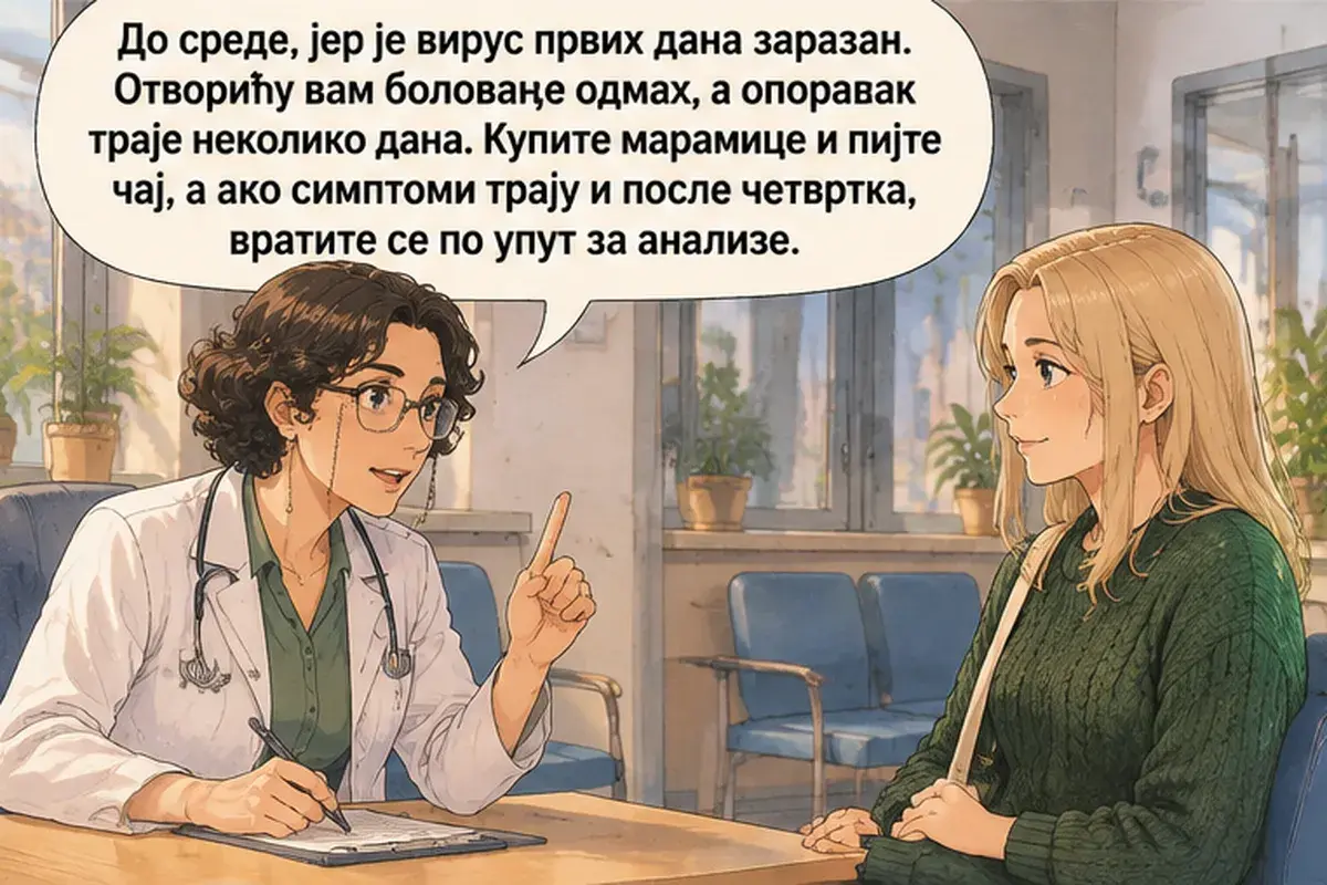 Кадр 15 из 16 к тексту «Скажите, кто ваш выбранный врач»: «До среды, потому что в первые дни вирус заразен. Больничный я открою вам сразу, а выздоровление занимает несколько дней. Купите платки и пейте чай, а если…