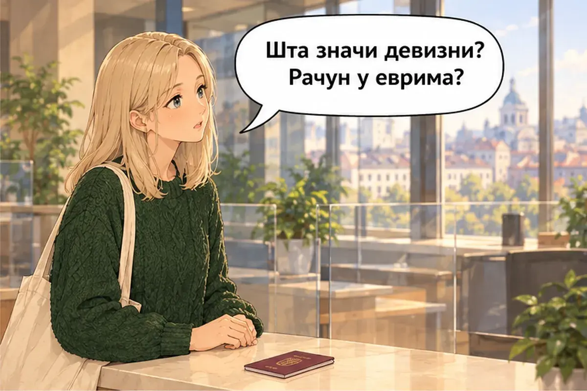 Кадр 6 из 13 к тексту «Я хотела бы открыть счёт.»: «Что значит «devizni»? Это счёт в евро?»