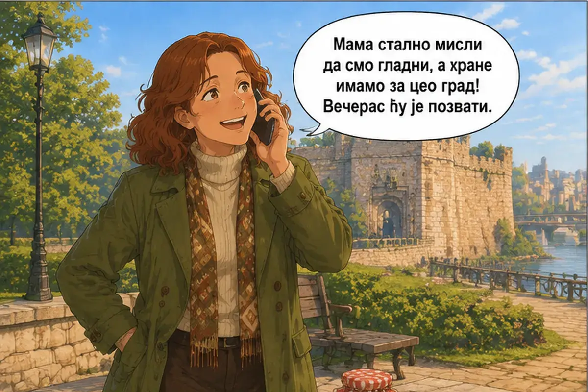 Кадр 3 из 14 к тексту «У нас с тобой всё утро свободно»: «Мама всё время думает, что мы голодные, а еды у нас хватит на весь город! Вечером ей позвоню.»