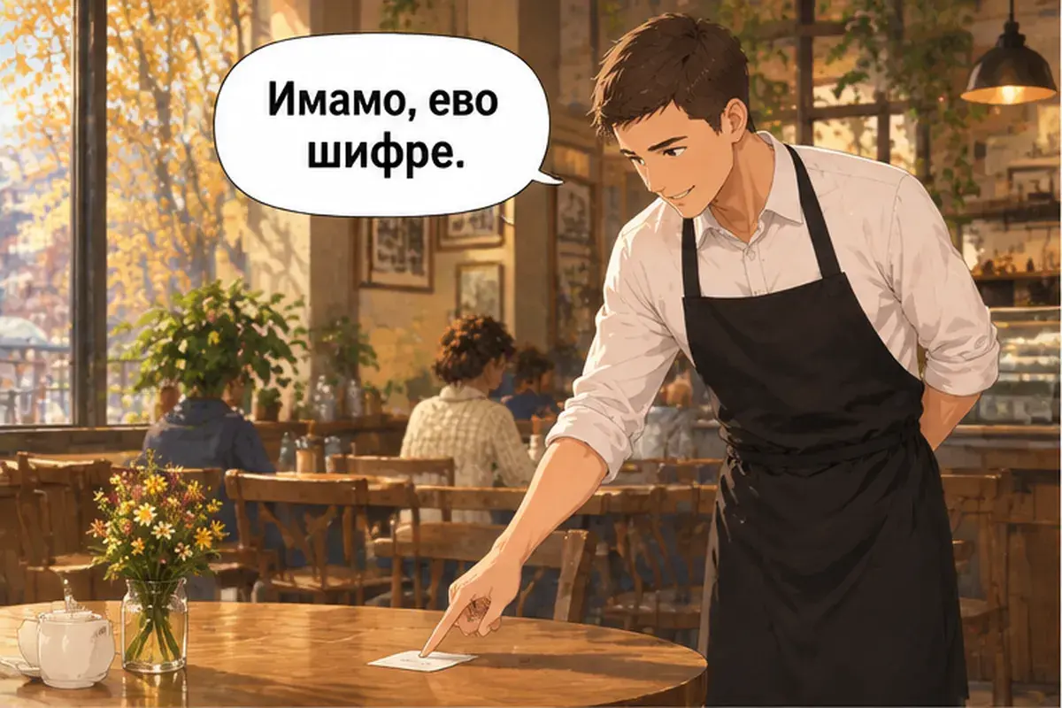 Кадр 5 из 14 к тексту «Можно заплатить картой?»: «Есть, вот пароль.»