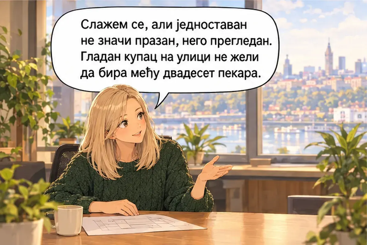 Кадр 7 из 15 к тексту «Покупатель хочет заказать бурек в три шага»: «Я согласна, но простой не значит пустой, а значит наглядный. Голодный покупатель на улице не хочет выбирать среди двадцати пекарен.»