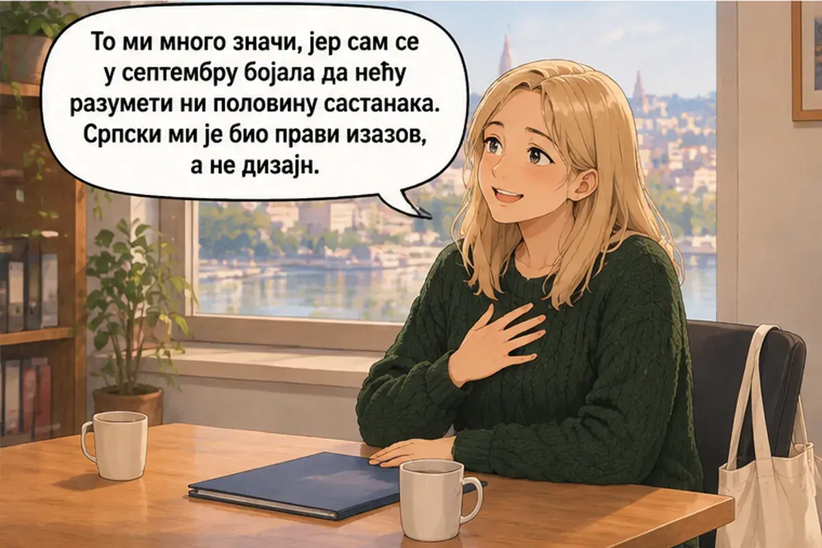 Кадр 4 из 15 к тексту «Когда будешь вести проект»: «Для меня это очень важно, потому что в сентябре я боялась, что не пойму и половины совещаний. Настоящей трудностью был сербский, а не дизайн.»