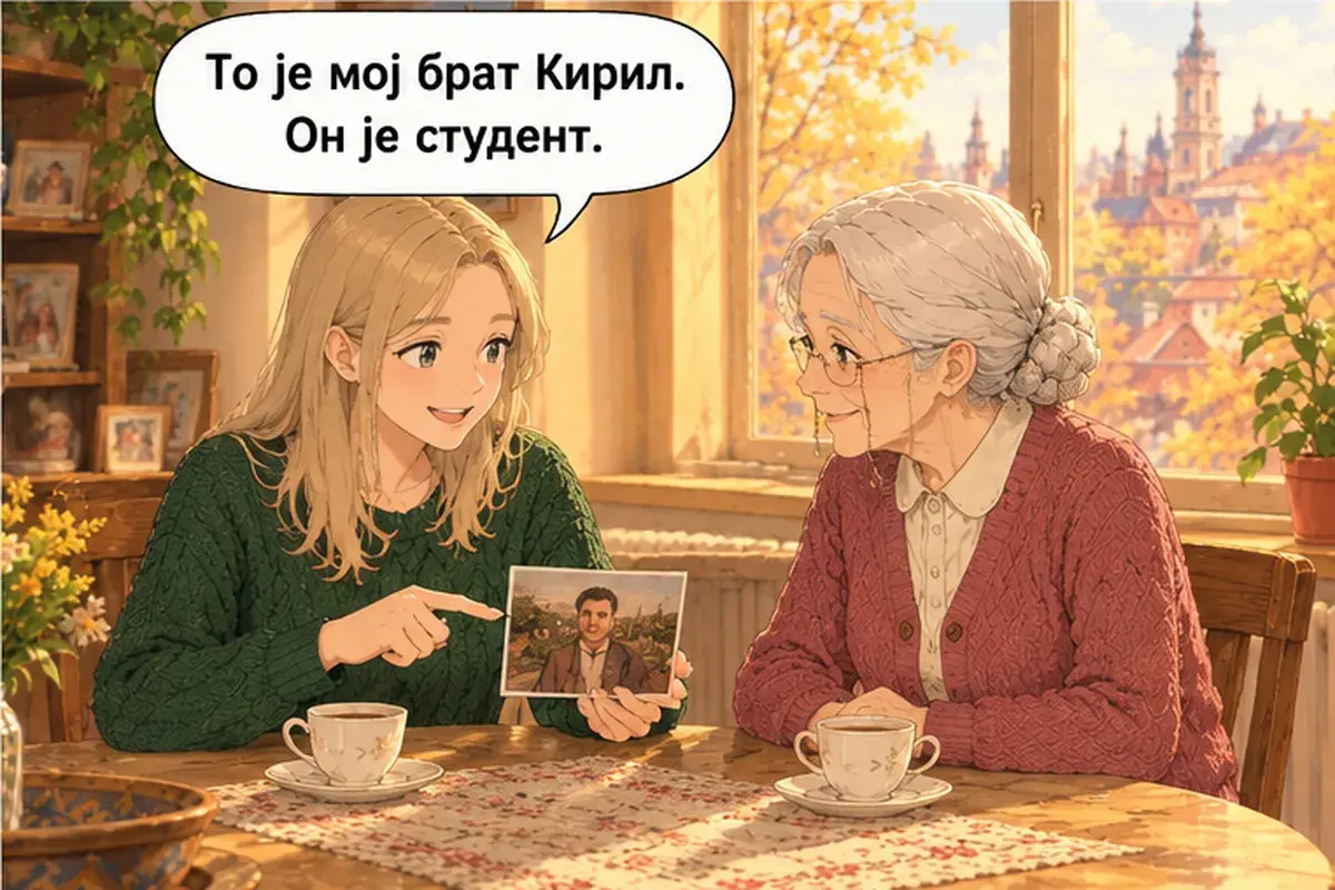 Кадр 8 из 13 к тексту «Это моя семья на фото»: «Это мой брат Кирилл. Он студент.»