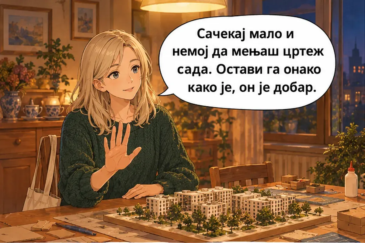Кадр 9 из 14 к тексту «Расслабься и держись»: «Подожди и не меняй сейчас чертёж. Оставь его как есть, он хороший.»