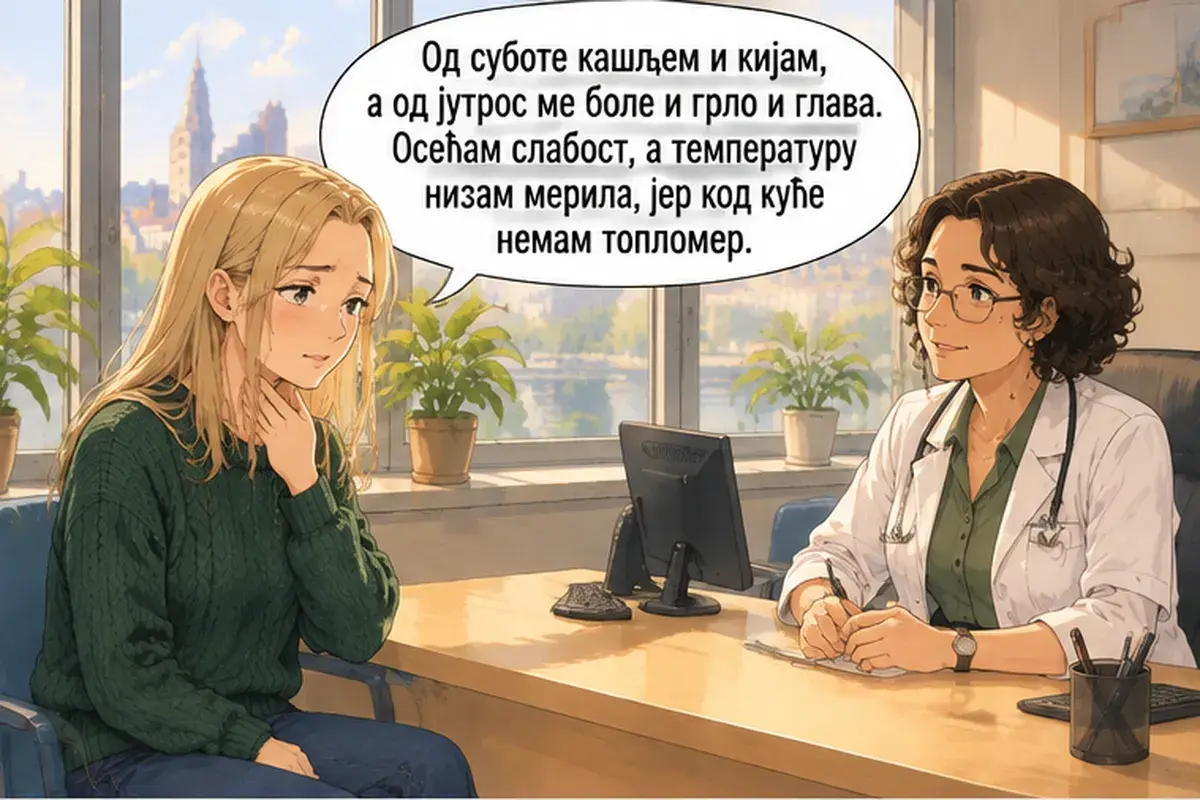 Кадр 10 из 16 к тексту «Скажите, кто ваш выбранный врач»: «С субботы я кашляю и чихаю, а с сегодняшнего утра у меня болят ещё и горло, и голова. Я чувствую слабость, а температуру не измеряла, потому что дома у меня…