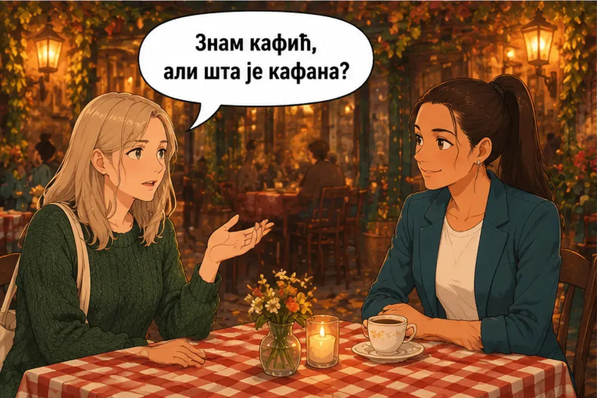 Кадр 3 из 12 к тексту «Хочешь пойти сегодня вечером в кафану?»: «Кафе я знаю, но что такое кафана?»