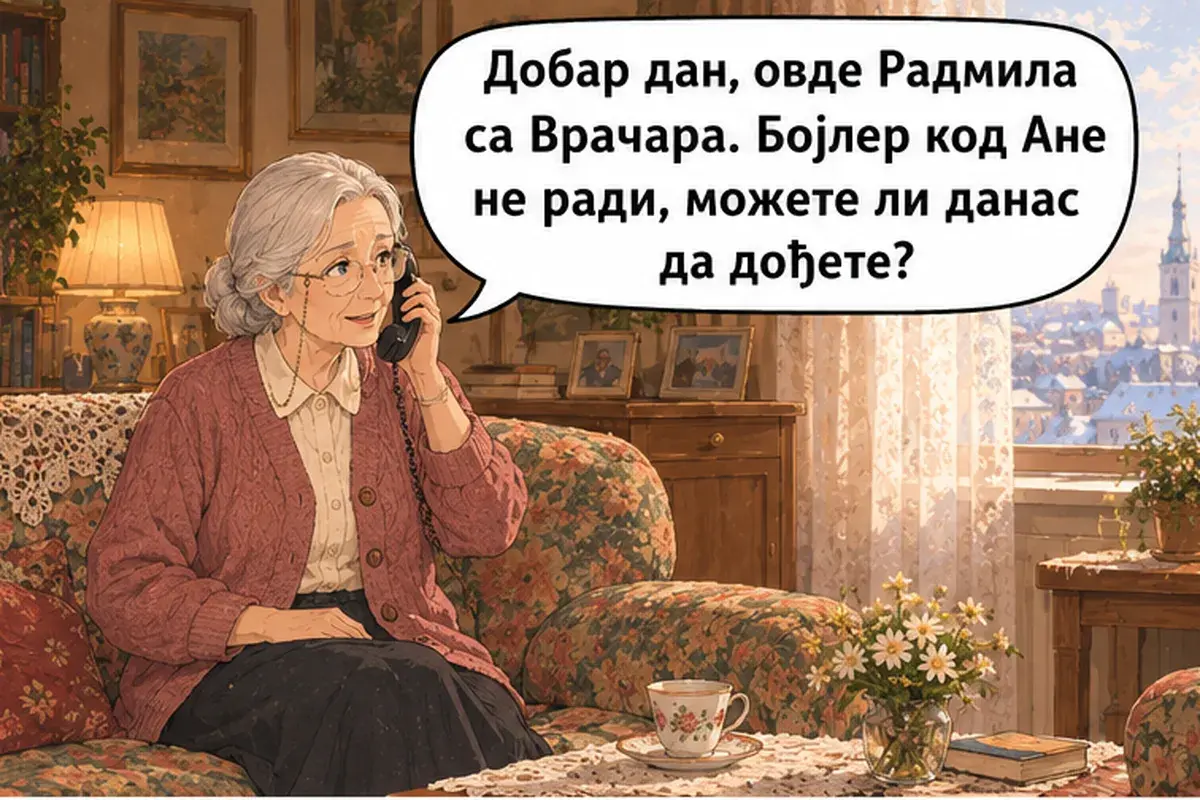 Кадр 10 из 15 к тексту «Никто не отвечает»: «Добрый день, это Радмила с Врачара. У Ани не работает бойлер, вы можете сегодня прийти?»