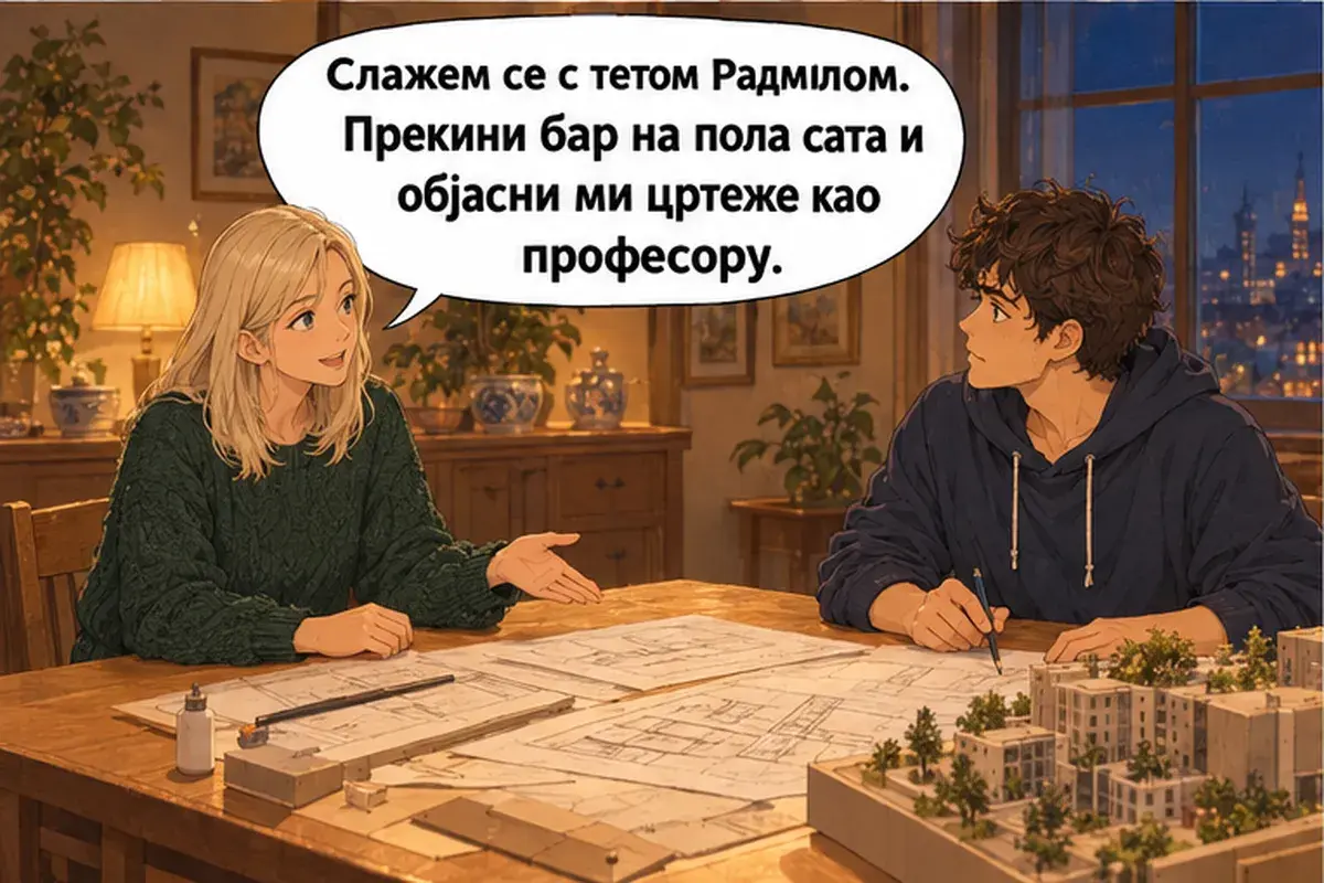 Кадр 7 из 14 к тексту «Расслабься и держись»: «Я согласна с тётей Радмилой. Прервись хотя бы на полчаса и объясни мне чертежи, как профессору.»
