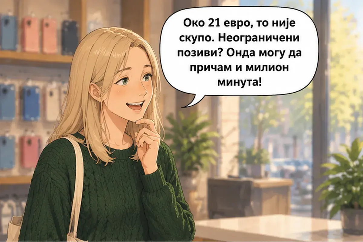 Кадр 6 из 15 к тексту «Мне нужен сербский номер.»: «Около 21 евро, это недорого. Неограниченные звонки? Тогда я могу говорить хоть миллион минут!»