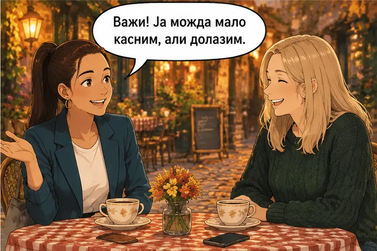 Кадр 12 из 12 к тексту «Хочешь пойти сегодня вечером в кафану?»: «Идёт! Я, может, немного опоздаю, но приду.»