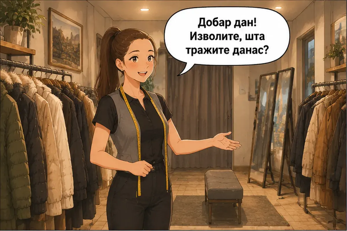Кадр 1 из 14 к тексту «Можно примерить вон ту чёрную?»: «Добрый день! Пожалуйста, что вы ищете сегодня?»