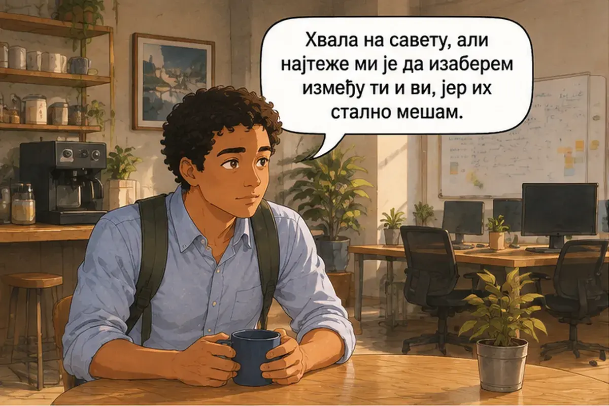 Кадр 9 из 16 к тексту «В команде мы все на «ты»»: «Спасибо за совет, но мне труднее всего выбирать между «ты» и «вы», потому что всё время их путаю.»
