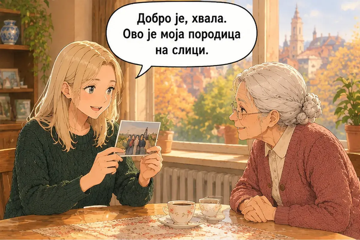 Кадр 2 из 13 к тексту «Это моя семья на фото»: «Хорошо, спасибо. Это моя семья на фото.»