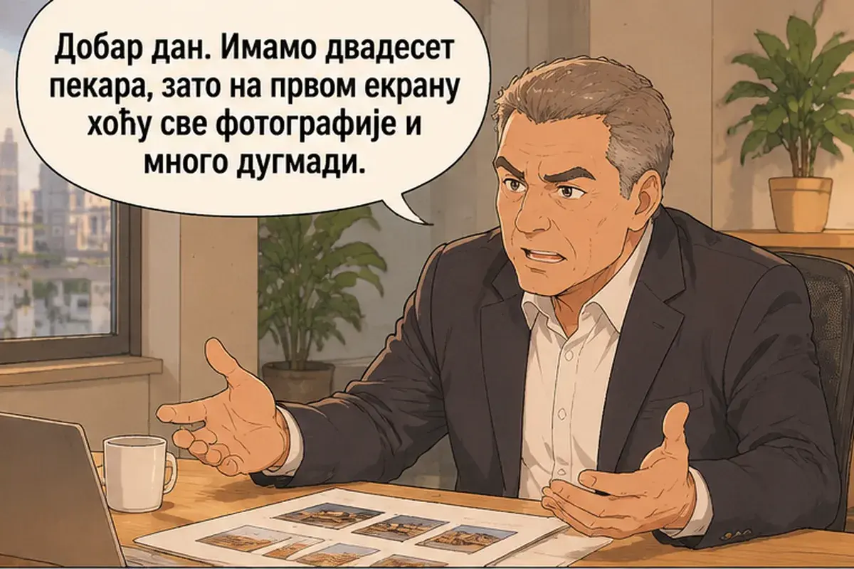 Кадр 2 из 15 к тексту «Покупатель хочет заказать бурек в три шага»: «Добрый день. У нас двадцать пекарен, поэтому на первом экране я хочу все фотографии и много кнопок.»