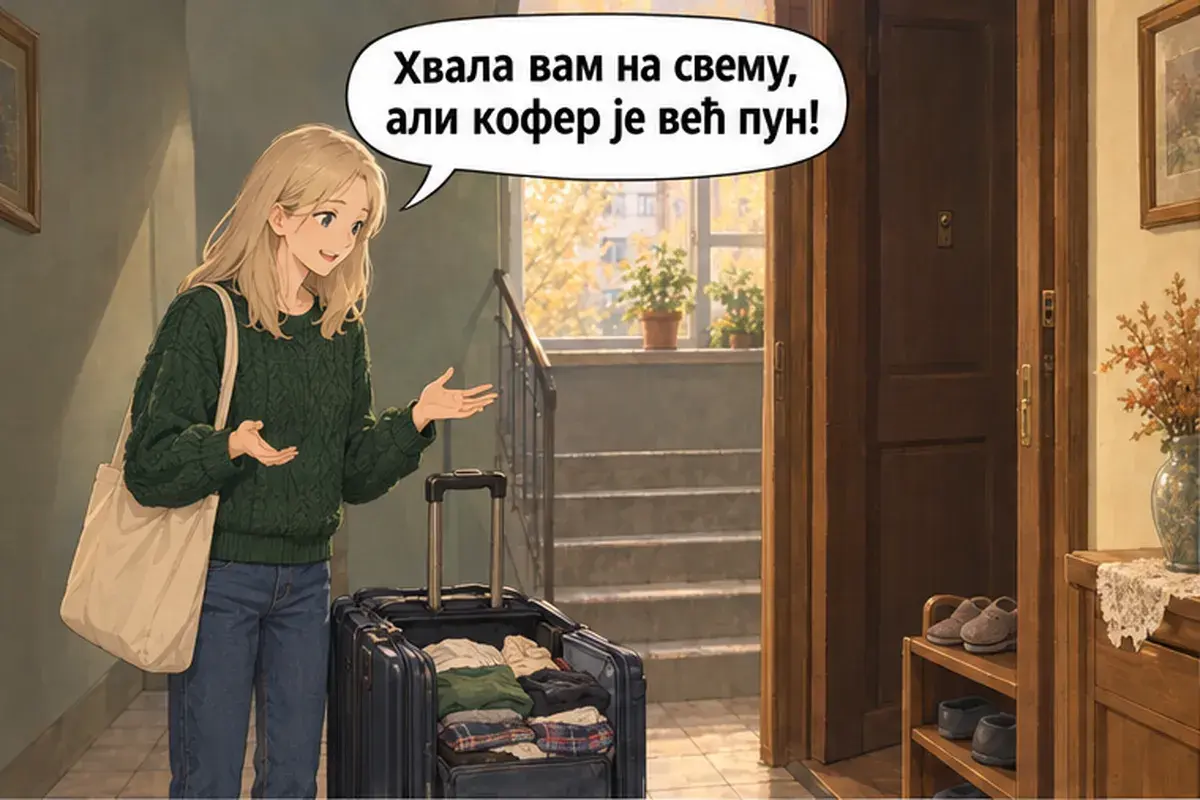 Кадр 5 из 14 к тексту «Счастливого пути! Приезжайте ещё!»: «Спасибо вам за всё, но чемодан уже полон!»