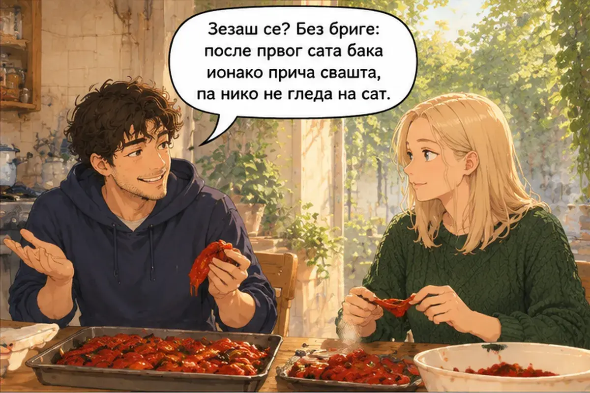 Кадр 6 из 13 к тексту «Айвар не делают на скорую руку»: «Шутишь? Не переживай: после первого часа бабушка всё равно рассказывает всякое, и на часы никто не смотрит.»