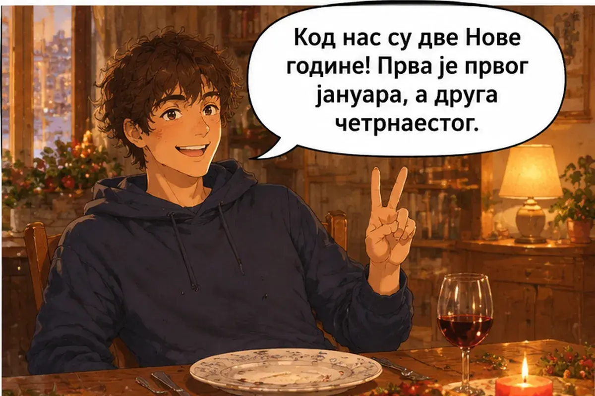 Кадр 8 из 14 к тексту «Почему Рождество седьмого января?»: «У нас два Новых года! Первый — первого января, а второй — четырнадцатого.»