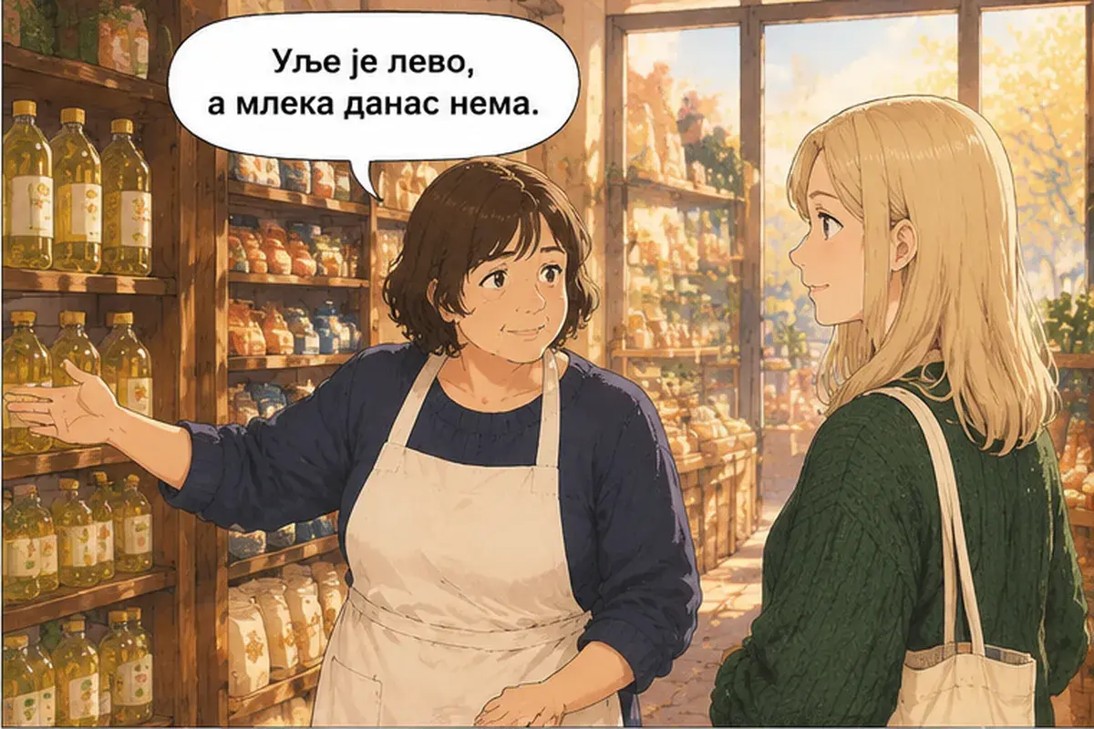 Кадр 6 из 14 к тексту «Подскажите, где касса?»: «Масло слева, а молока сегодня нет.»