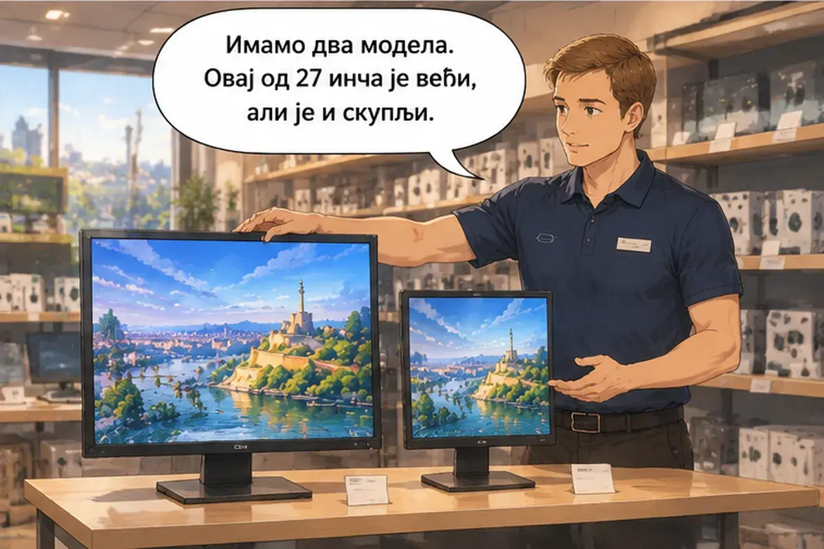 Кадр 4 из 15 к тексту «Этот монитор больше, но и дороже»: «У нас две модели. Эта, на 27 дюймов, больше, но и дороже.»