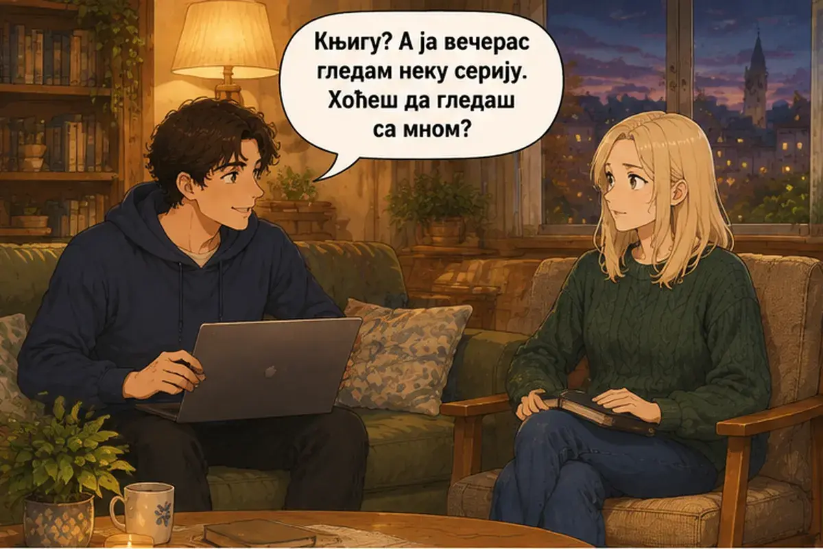 Кадр 5 из 13 к тексту «Да ладно, это скучно!»: «Книгу? А я сегодня смотрю какой-нибудь сериал. Хочешь смотреть со мной?»