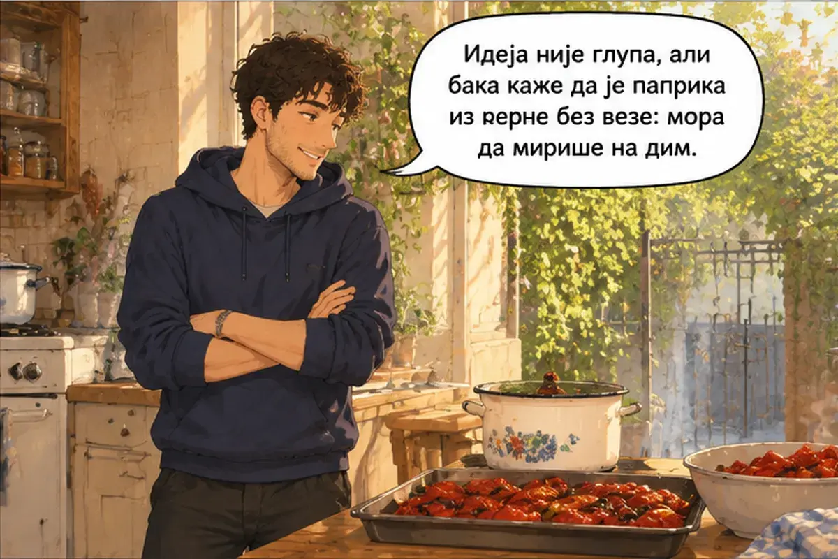 Кадр 8 из 13 к тексту «Айвар не делают на скорую руку»: «Идея не глупая, но бабушка говорит, что перец из духовки ни к чему: он должен пахнуть дымом.»