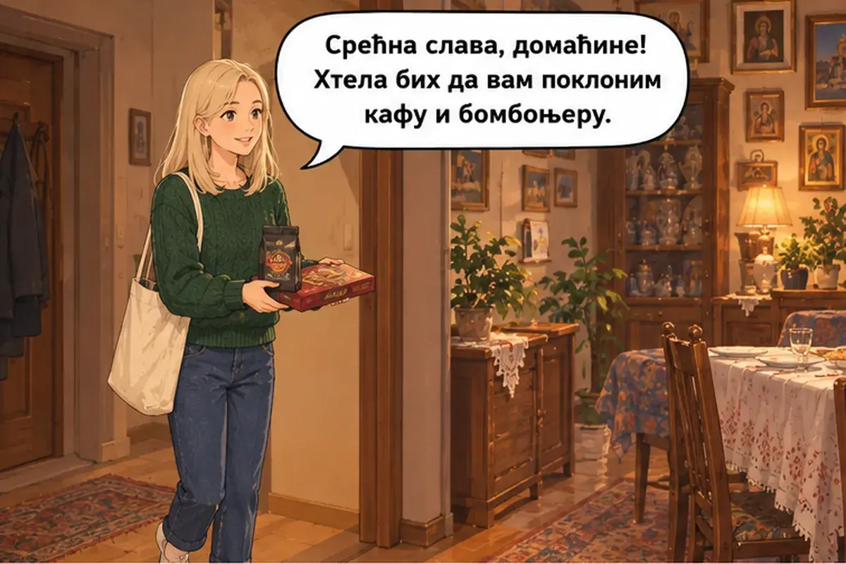 Кадр 5 из 15 к тексту «С праздником славы, хозяин!»: «С праздником славы, хозяин! Я хотела бы подарить вам кофе и коробку конфет.»