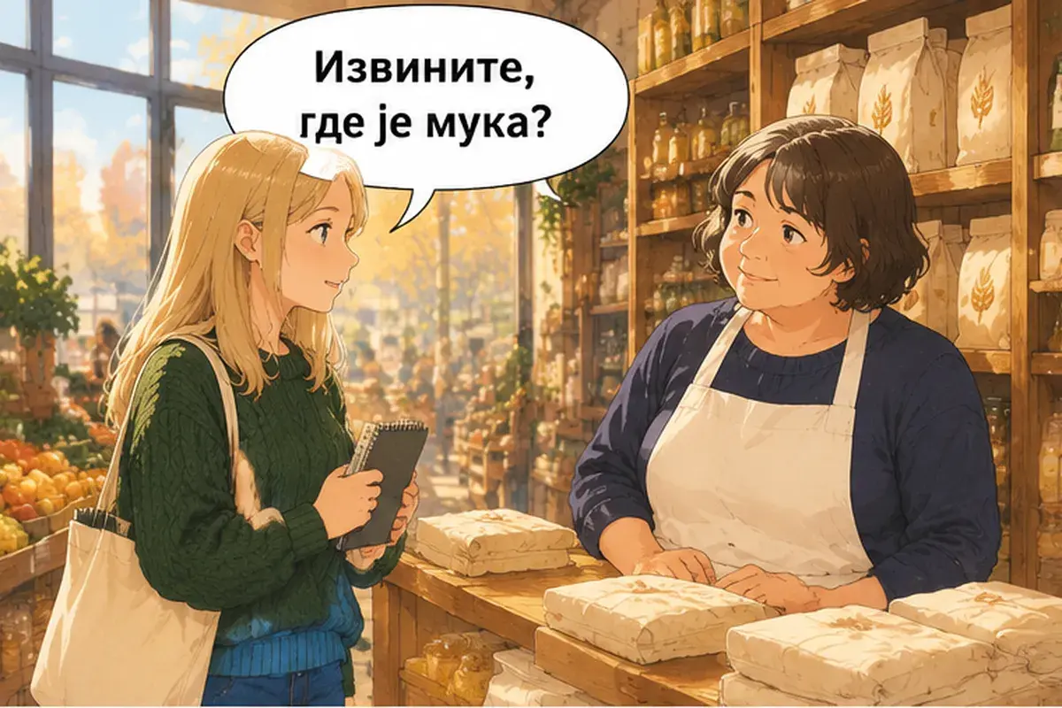 Кадр 1 из 14 к тексту «Подскажите, где касса?»: «Извините, где мука?»