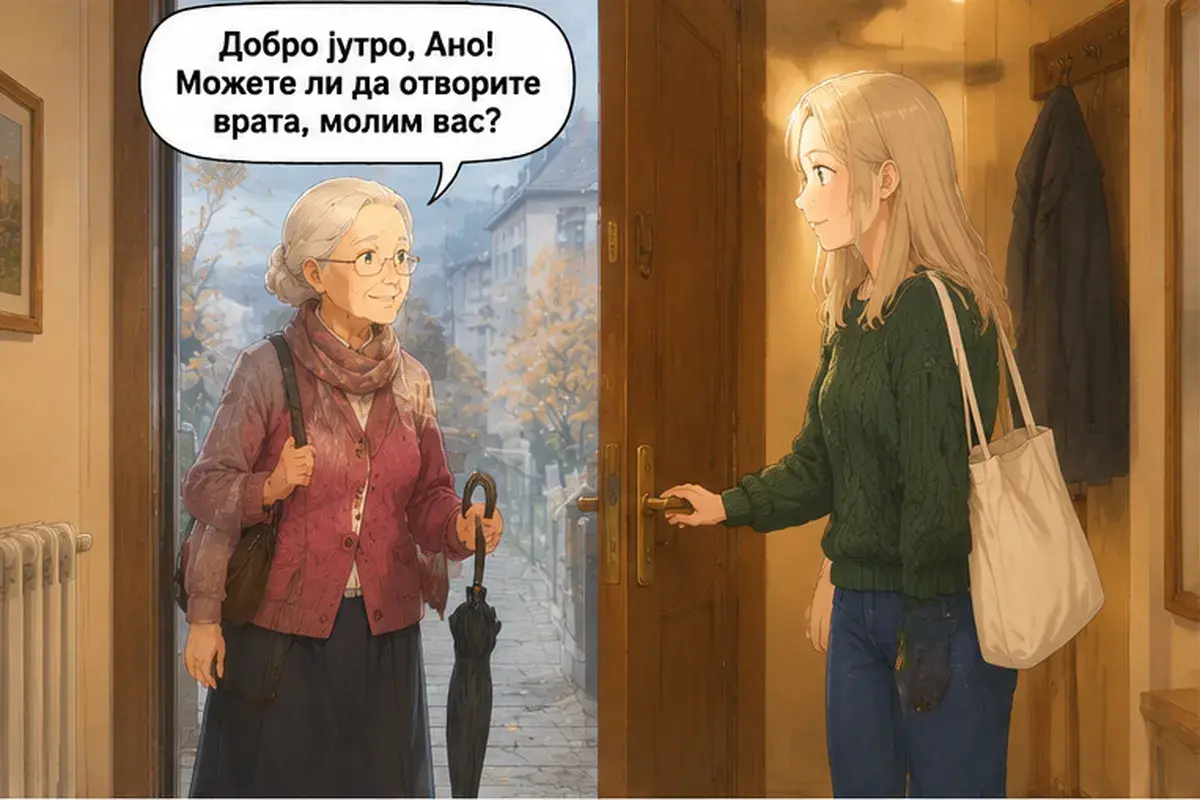 Кадр 1 из 13 к тексту «Возьмите зонт!»: «Доброе утро, Аня! Вы не могли бы открыть дверь?»